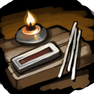 A looots forge with a glowing candle and metalworking tools