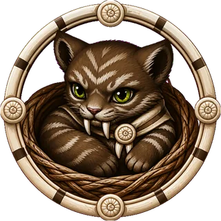 A small striped companion with green eyes curled inside a circular frame