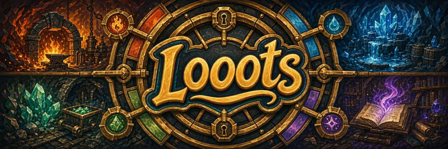 looots artwork: a golden vault between a fiery forge, glowing crystals, and an arcane spellbook