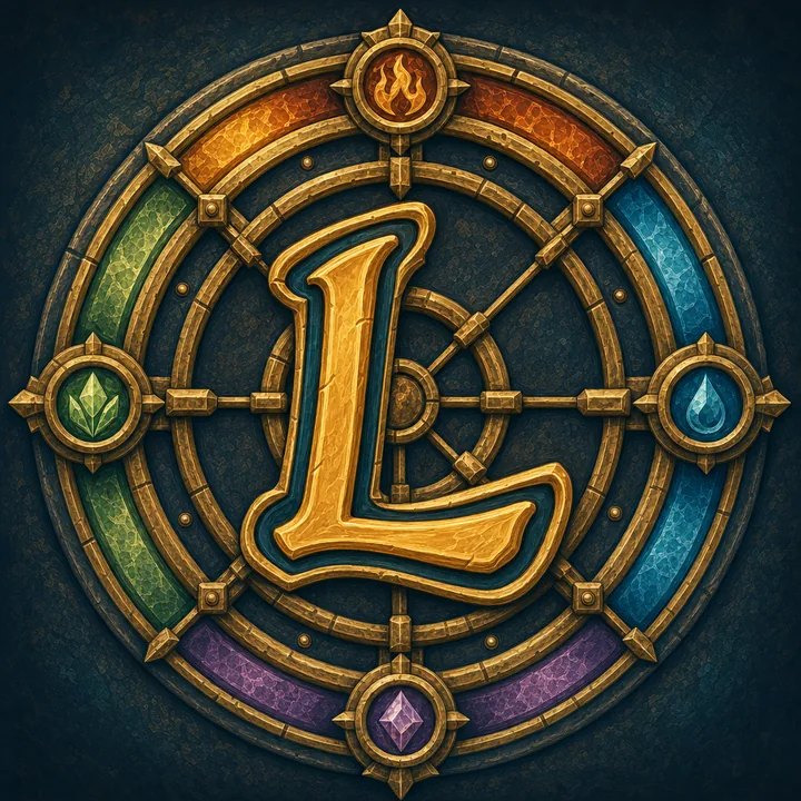 A golden L at the heart of the looots vault, ringed by fire, water, earth, and arcane magic